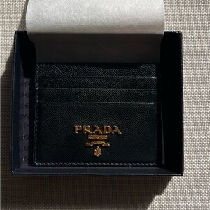 Prada Black Leather Card Holder with Gold Logo Plaque